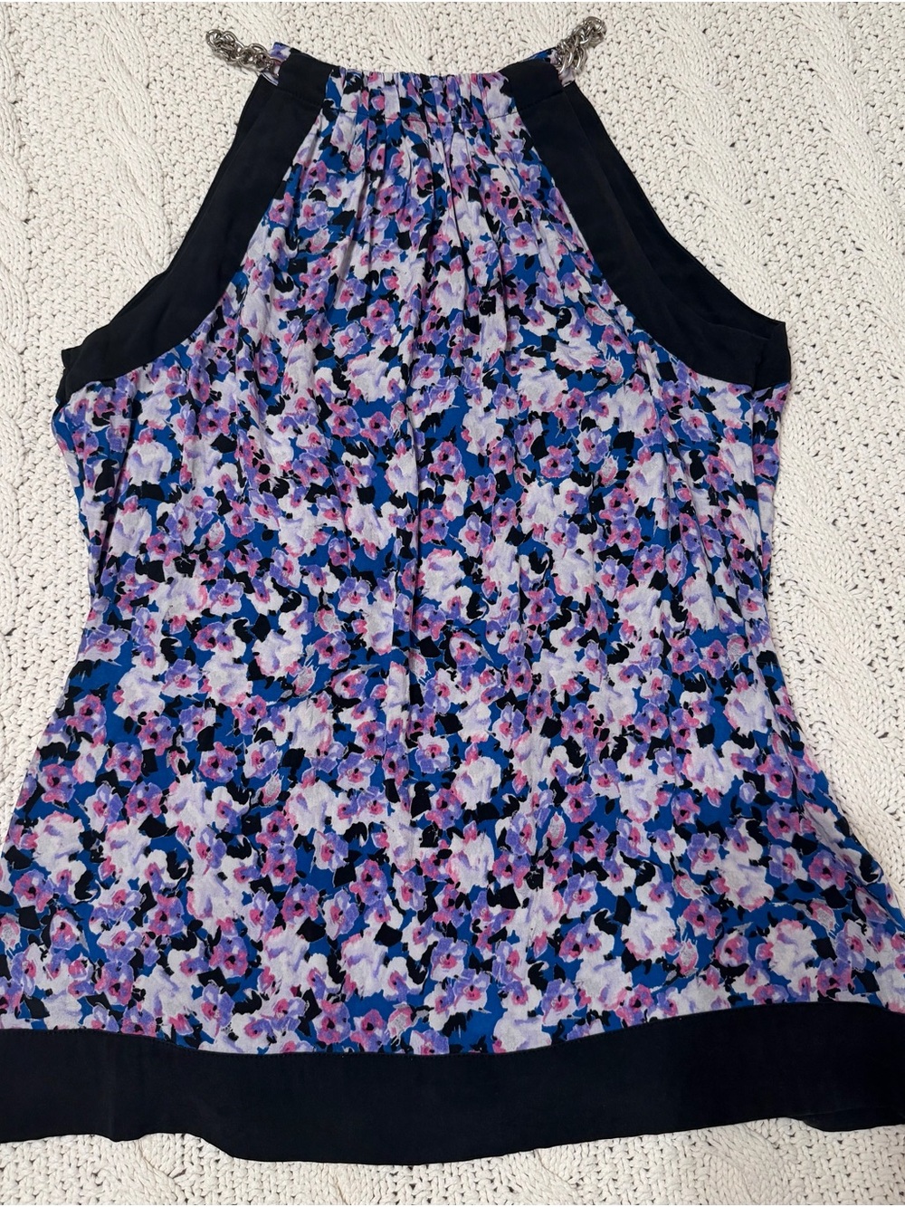 Cache Size Small Silk Floral Halter Top Blue Pink Black Chain Detail Vintage